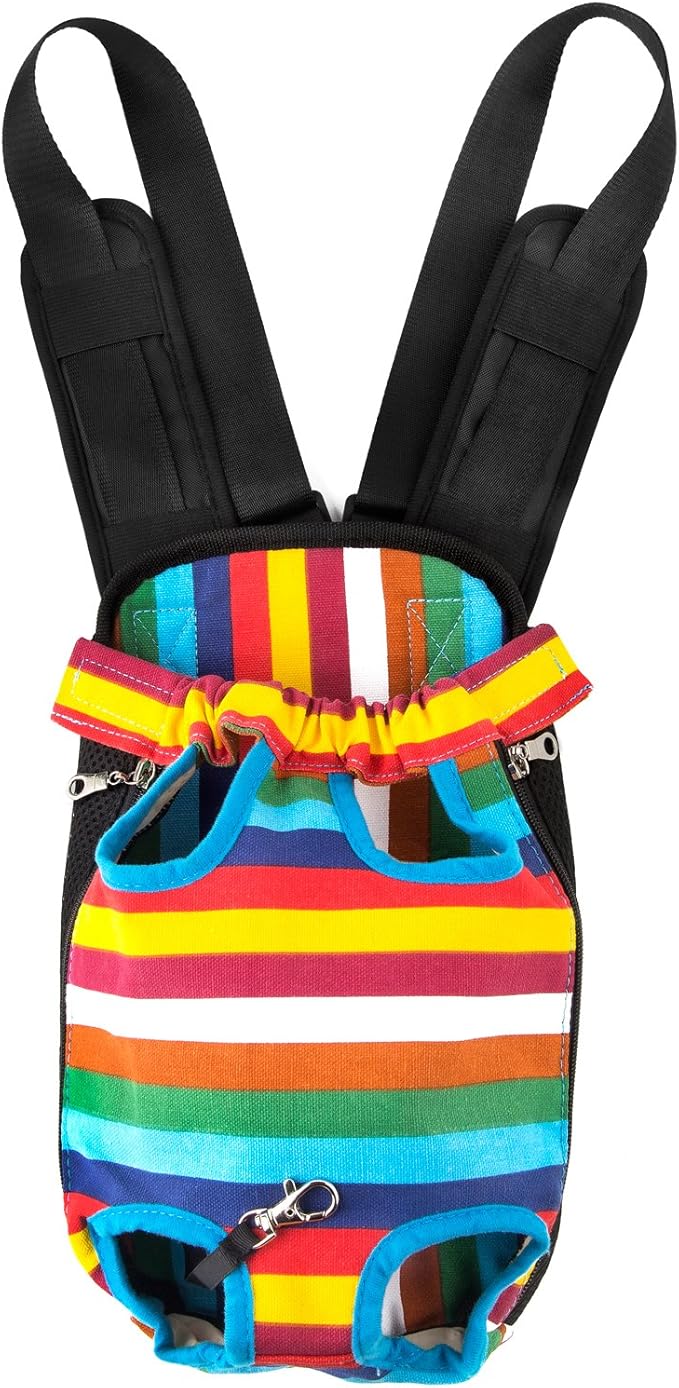 GEEPET Legs Out Front-Facing Dog Carrier Hands-Free Adjustable Pet Puppy Cat Backpack Carrier for Walking Hiking Bike and Motorcycle (Small, Colorful Strips)