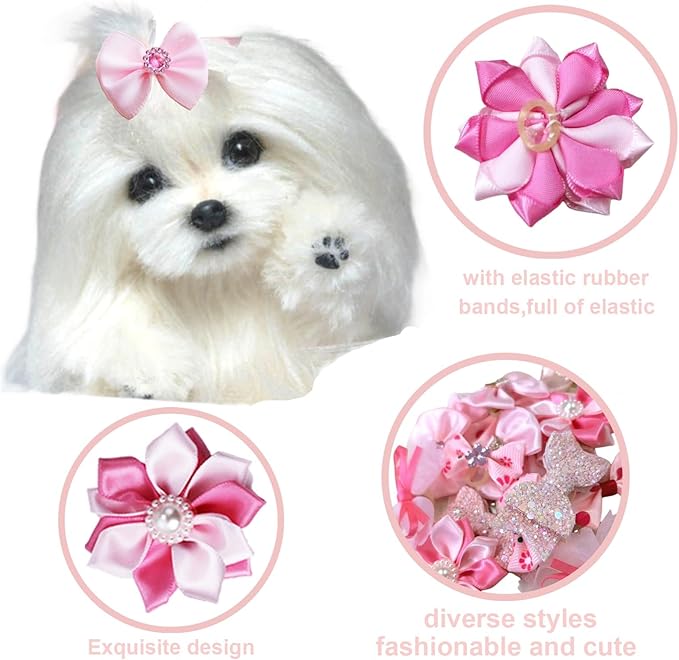 20pcs Light Pink Small Puppy Dog Hair Bows with Rubber Bands, Flower Ball Bowknot Rhinestone Pearls Hair Ties Mix Style for Dog Hair Accessories