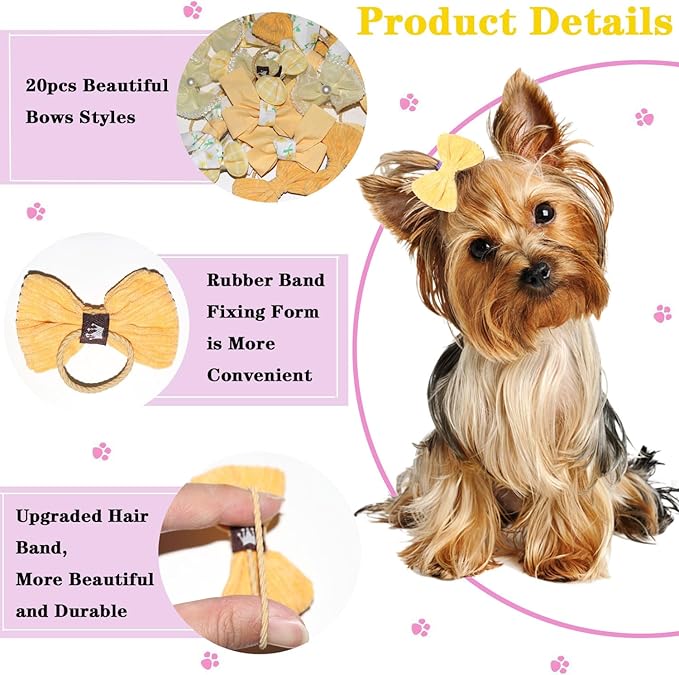 20pcs Yellow Small Dog Hair Bows, Handmade Mix Style Bowknot Top Knot for Yorkie Holiday Daily Grooming