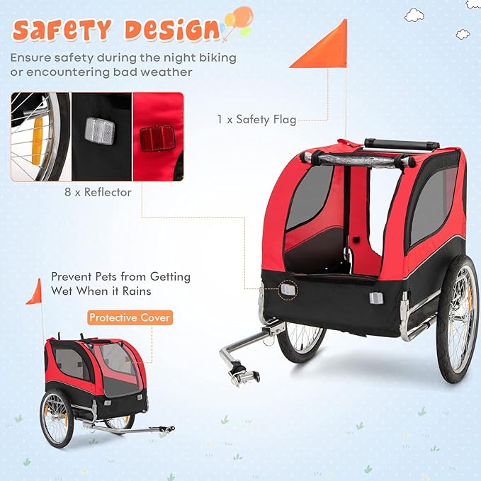 Giantex Dog Bike Trailer, Bicycle Trailer Wagon for Medium and Small Sized Dogs, 20 Inch Wheels, 3 Zippered Doors, 8 Reflectors, 1 Red Flag, Folding Dog Carrier for Bike, Hold up to 88lbs