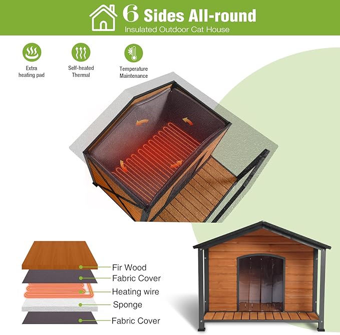 GUTINNEEN Extra Large Heated Dog House XXL Insulated Dog House Outdoor Weatherproof Dog Kennel with Safe Heated Pad, Chew-Proof Metal Frame and 6-Sided Thermal Liner for Medium to Large Dog Breeds