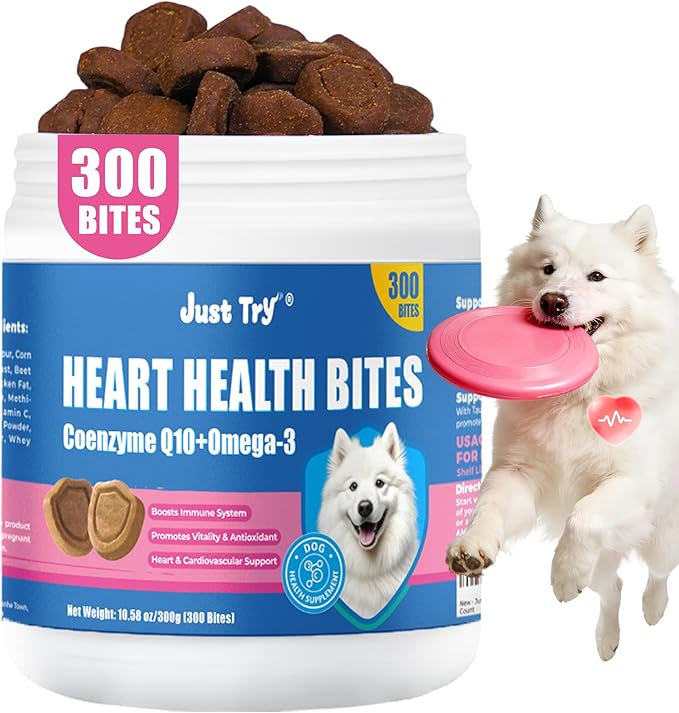 Just Try Coenzyme Q10 Heart Healthy Bites for Dogs, Advanced CoQ10 and Taurine Supplement, Chicken Flavored Soft Chews, Supports Heart Function, 300 Count