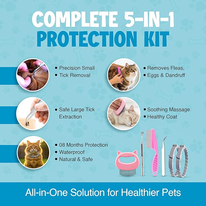 Cat Flea and Tick Collar 8-Month Protection Natural Flea Collar for Cats & Kittens with Flea Comb, Shell Comb, Tick Tweezers & Tick Removal Tool | 5-in-1 Cat Flea Collar & Protection Kit Set
