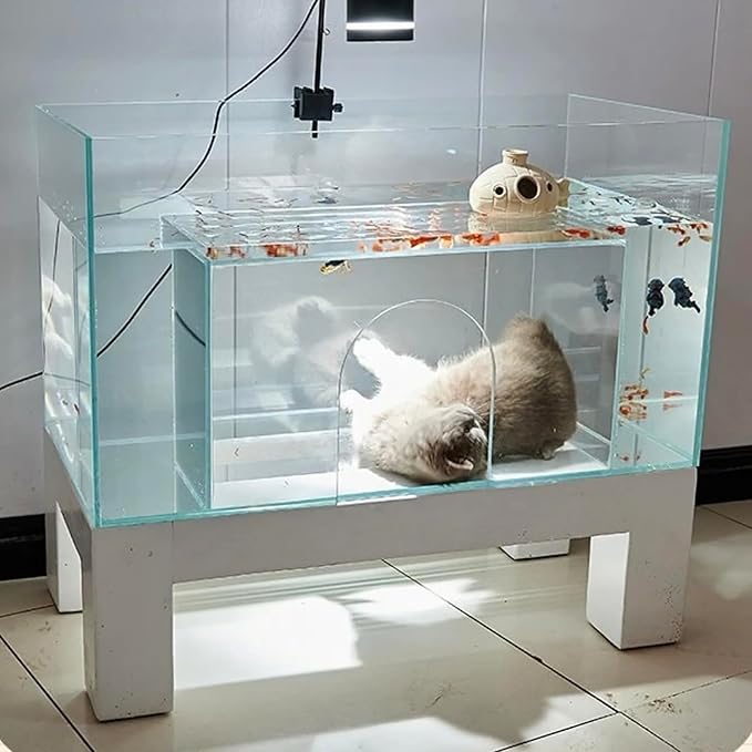 20 Gallon Cat Bed Aquarium Fish Tank - Immersive Viewing Glass Cat Cave, Cat Entertainment Equipment with Tunnel for Indoor Cats, Turtle & Betta（31.5x15.7x17.7in） C 31.5x15.7x17.7in
