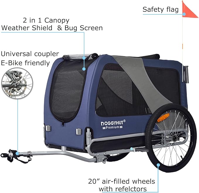 DOGGYHUT® Premium Large/XL Pet Bike Trailer & Stroller for Large Sized Dog or Multiple Small Dogs,Low Center of Gravity,Parking Brakes,Easy Folding Frame,Bicycle Carrier