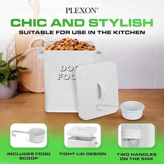 Plexon Metal Dog Food Storage Container with Scoop - Small Dog Food Container Holder Treat Jar Bin with Lid - Pet Chow Storage Canister Tin,1.5 Gallon, 7 lbs, White