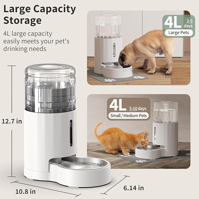 Cat Water Dispenser with Placemat and Stainless Steel Bowl, Automatic Gravity Water Dispenser for Cats or Small Medium Size Dogs, Large Capacity, Easy to Clean and Safe for Pets (4L White)