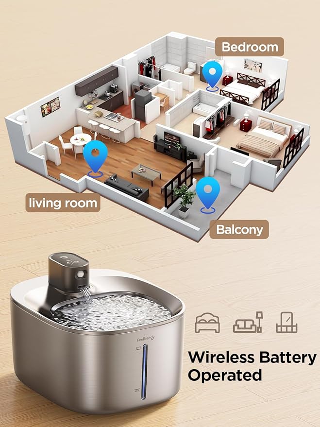 FEELNEEDY Wireless Cat Water Fountain Stainless Steel with Sensor, 4000mAh Battery Operated, 4L/135fl oz Pet Water Fountain for Cats Dogs, Ultra Quiet Cat Drinking Fountain with 2 Filters (YPD-C004S)