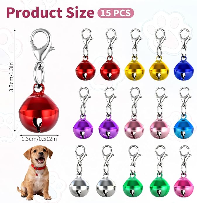 15 Pcs Cat Bell, Colorful Bells for Dog Cat Collar, Small Dog Bell Pet Bells with Keychain for Collar Cats Puppy Pets Charms Decorations