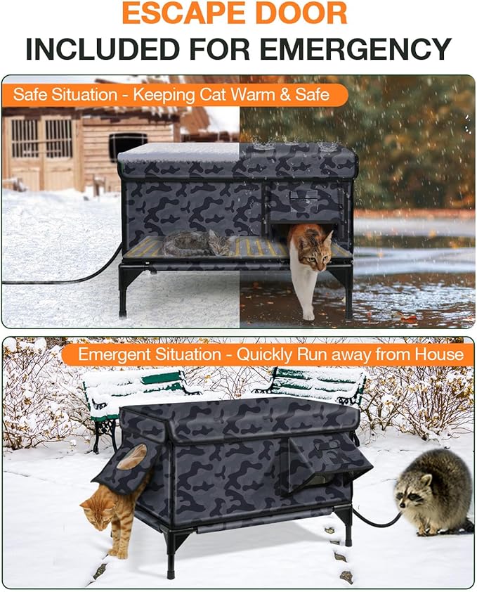 Indestructible Heated Cat House for Outside Winter, 100% Waterproof, Safe Escape Door, Insulated Outdoor Cat Shelter with Heater for Feral Barn Cat Kitty (Black Camouflage, 24"x15"x18")