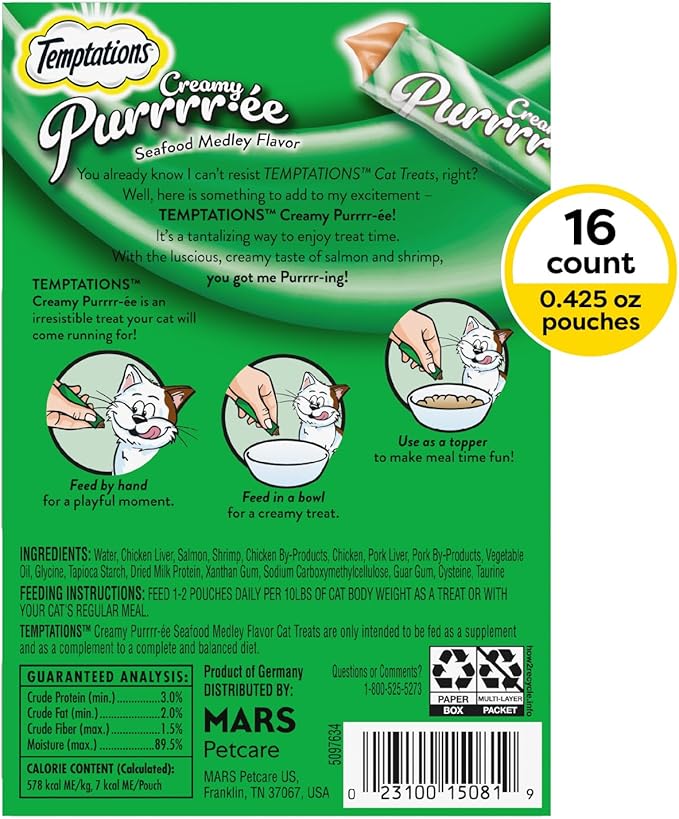 Temptations Creamy Puree Squeezable Lickable Cat Treats, Wet Cat Treats with Salmon and Shrimp, 0.42 oz. Tubes, 16 Count