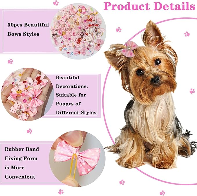 50pcs Dog Hair Bow Bowknot, Dog Bows Cute, Puppy Hair Bows Rhinestones Pearls Flowers Mix Styles Pet Grooming Rubber Bands Dogs Hair Accessories Handmade Hair Bows for Yorkie Puppy Dogs