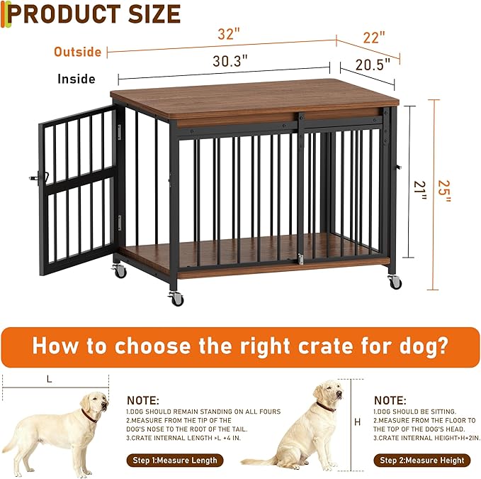 Dog Crate Furniture, 32’’ Wooden Dog Kennel Indoor with Sliding Front Door, Multi-Side Openings & Feeding Window Pet Cage House as TV Stand, End Table for Medium Dogs