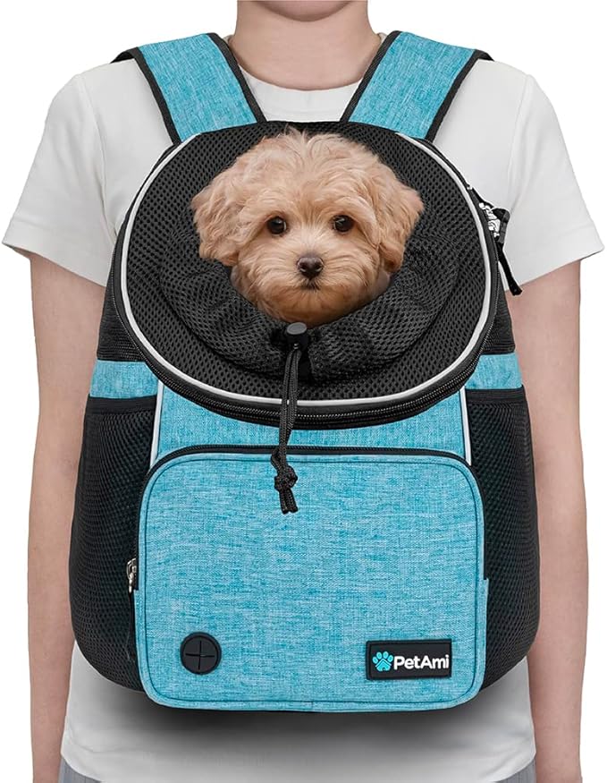 PetAmi Adjustable Cat & Dog Chest Carrier Backpack, Ventilated for Hiking & Camping, Max 15 lbs, Teal Blue