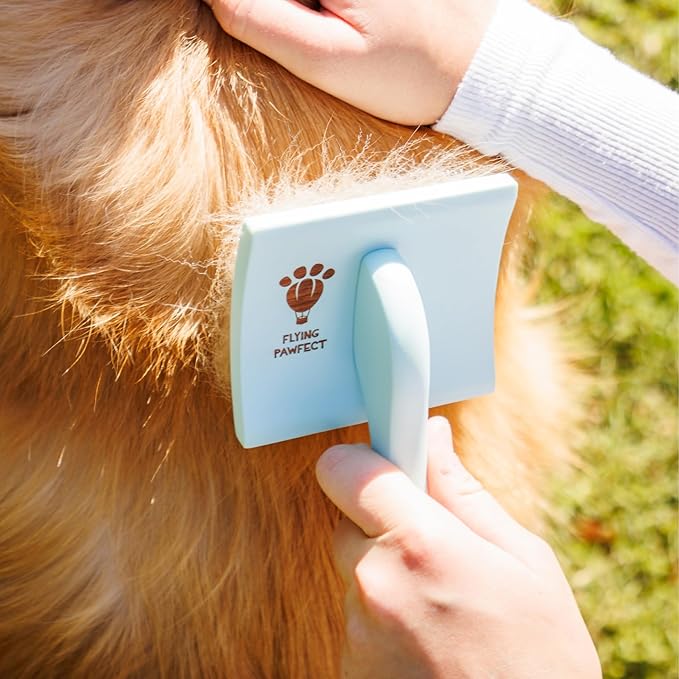Pet Slicker Brush With Soft Massage Grooming Stainless Steel Pins - For Dematting, Shedding Fur, and Undercoat - Ideal Gift for Professional Pet Groomers - Long Slicker Brush (Blue, Curved Medium)