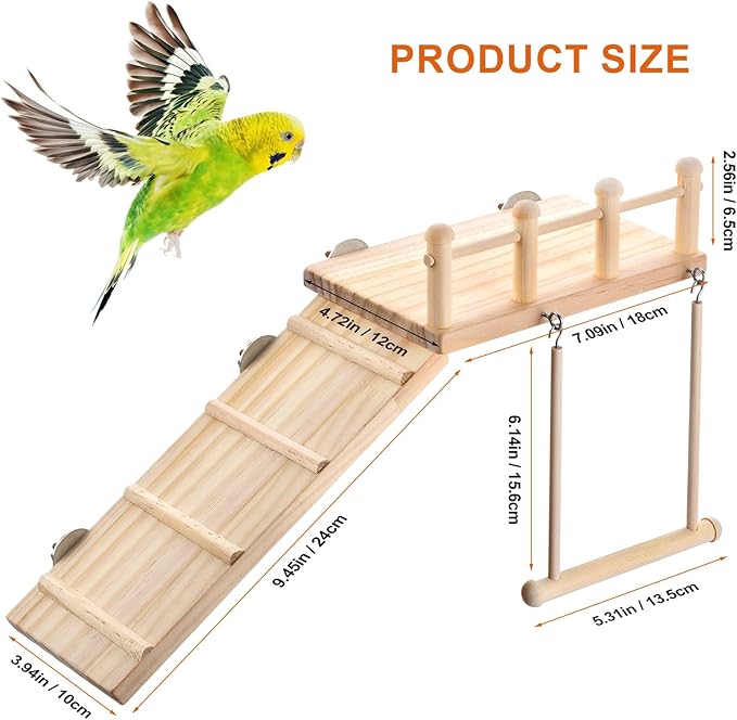 Wooden Bird Habitat Platform with Swing and Ladder - Sturdy Long Tailed Parrot cage Accessory, Suitable for Exercising and Entertaining Bird Games Gym - Perfect for Parrots, Canaries, Sparrows