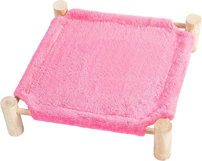 Patas Lague Cat and Dog Hammock Bed for Small Dogs, Brethable Wooden Cat Pet Rabbit Elevated Outdoor Bed Cots Furniture for All Seasons Fleece Hot Pink