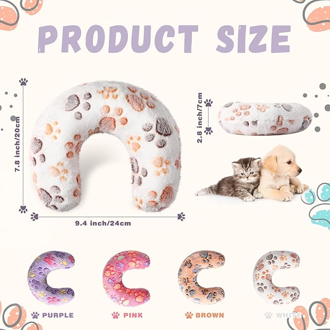 Sweetude 4 Pcs Pillows for Cats Puppy Bed Fluffy Pet Calming Soft Gifts Half Donut U Shaped Pet Neck Pillow Training Joint Relief Cervical Protection(Paw,Medium)