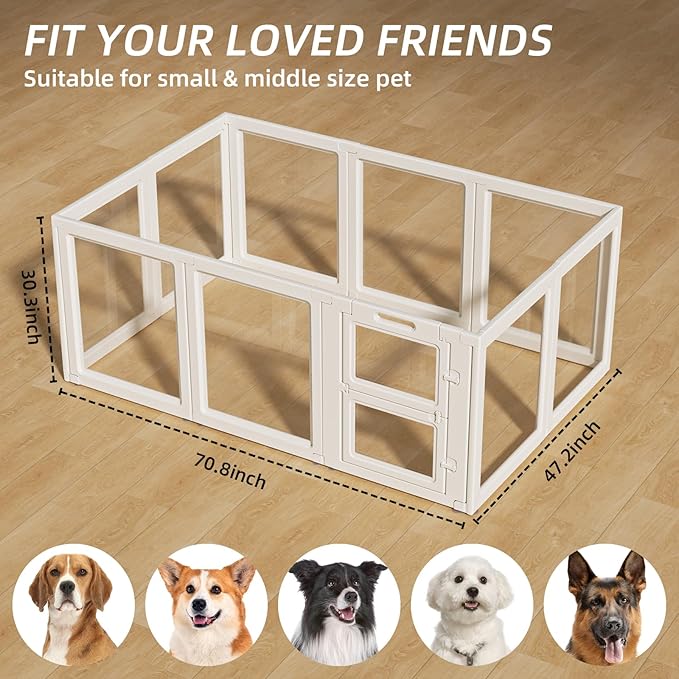Clear Acrylic Dog Playpen Indoor,Transparent Dog Pen,Easy to Assemble and Clear pet Pen for Puppy Dog, Rabbit and cat,Sturdy and Easy to Clean Plastic pet Fence (White, 30.3" H, 10PCS)