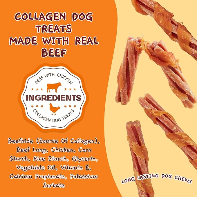 Jungle Calling Beef Collagen Sticks, Long Lasting Dog Chews, Chicken Wrapped Treats, Rawhide Alternative for Small Medium Large Dogs, Dental Health, Beef Lung Flavored Bones,14.1 oz, About 22 Sticks