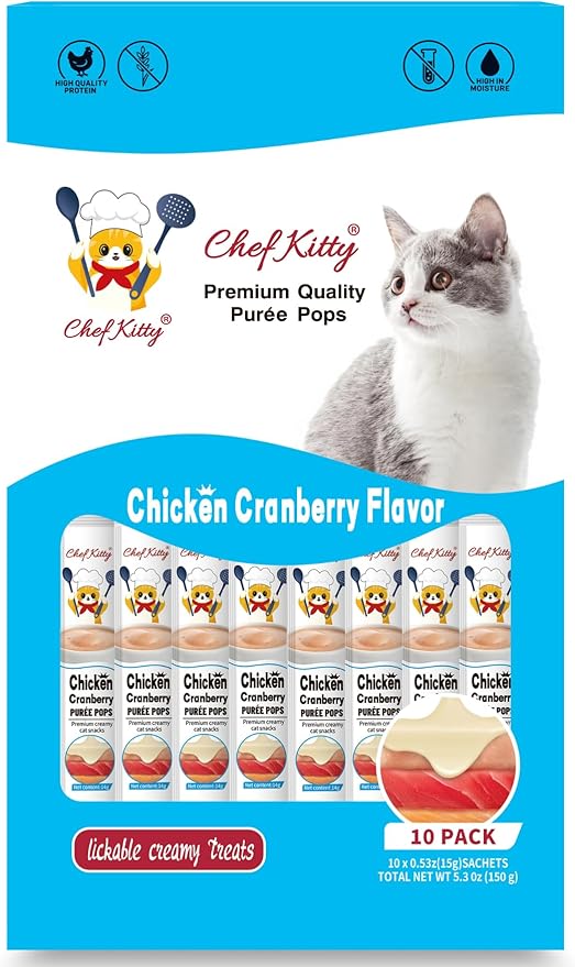 Cat Treats Lickable | Grain-Free Cat Food Toppers| Creamy Puree Squeeze Ups Urinary Tract Health & Kidney Support | 0.5 oz. Each Tube, Chicken with Cranberry Recipe | 10 Tubes
