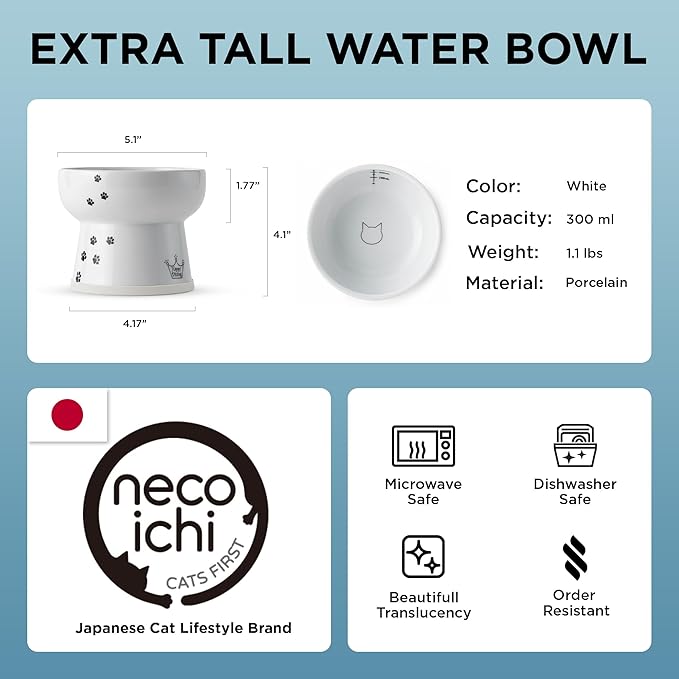 NECOICHI Raised Cat Water Bowl, Elevated, with Measurement Lines, Dishwasher and Microwave Safe (Cat, Extra Tall) White
