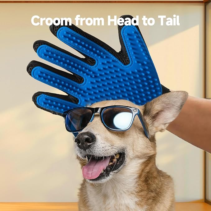 Pet Hair Removal Glove for Dogs & Cats, 2-in-1 Deshedding Brush & Massage Mitt - Grooming Gloves for Shedding Control, Bathing and Washing, Safe for Short/Long Hair Pets 2-Pack (Blue)