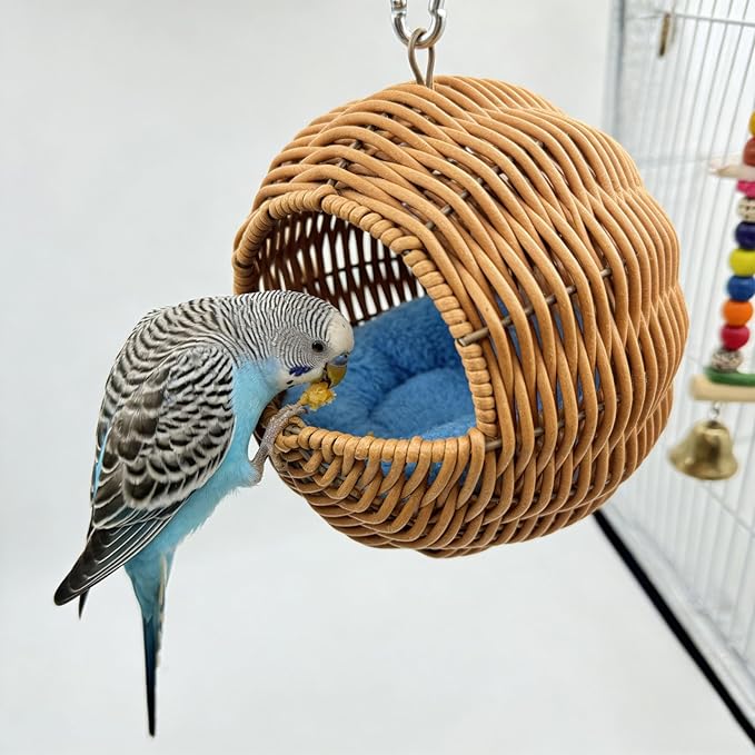 Rattan Bird Nest for Cage，Hanging Parakeet Bed Hammock Hideout Lay Eggs Canary Nest Sleep Parakeet Warm House Hut Parrot Cage Accessories for Cockatiel Budgerigar Finche Canaries