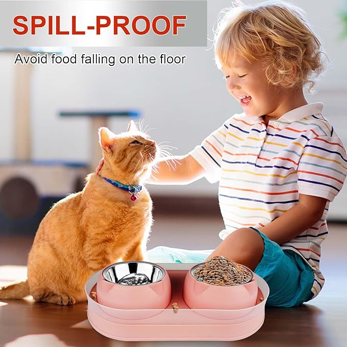 Elevated Cat Food Bowls, Raised Cat Bowl with Stand Stainless Steel, Tilted Bowls Anti Vomiting, Double Cats Food and Water Bowl Set for Cats (Pink)