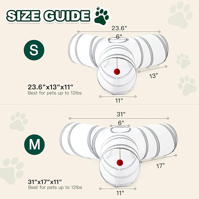 Love’s Cabin Cat Tunnel for Indoor Cats, 3-Way Collapsible Play Tunnel with Teaser Wand, Peek Holes & Toy Ball, Small Pet Toy for Kittens & Rabbits, White & Light Grey, Medium Size