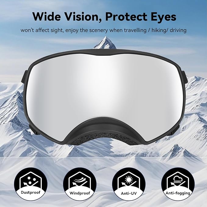 Dog Sunglasses UV Protection Silver Dog Goggles Windproof Glasses with Elastic Straps for Medium-Large Breed, Black Frame + Silver Lens