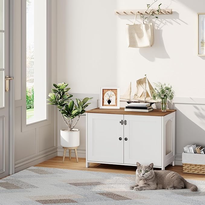 HOOBRO Litter Box Enclosure, Cat Litter Box Furniture with Removable Divider, Hidden Litter Box Furniture, Wooden Cat House, End Side Table, 31" L x 17.5" W x 19.7" H, White and Walnut WH03MW01G2