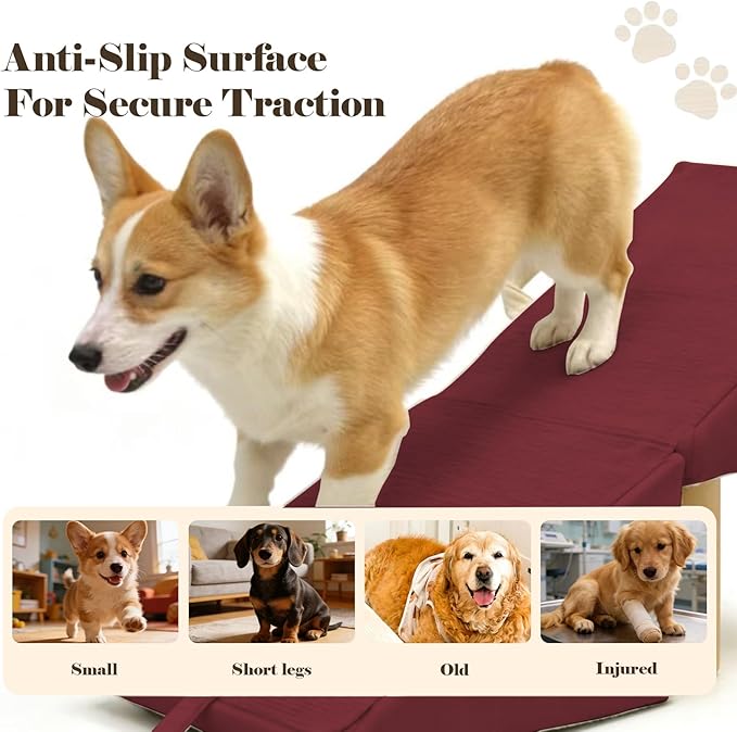 Split Ottoman Dog Ramp for Couch and Low Bed, 2-in-1 Foldable Dog Stairs for Small Dogs and Cats, Wooden Pet Ramp with Non-Slip Surface, Portable Step Stool Design, Claret