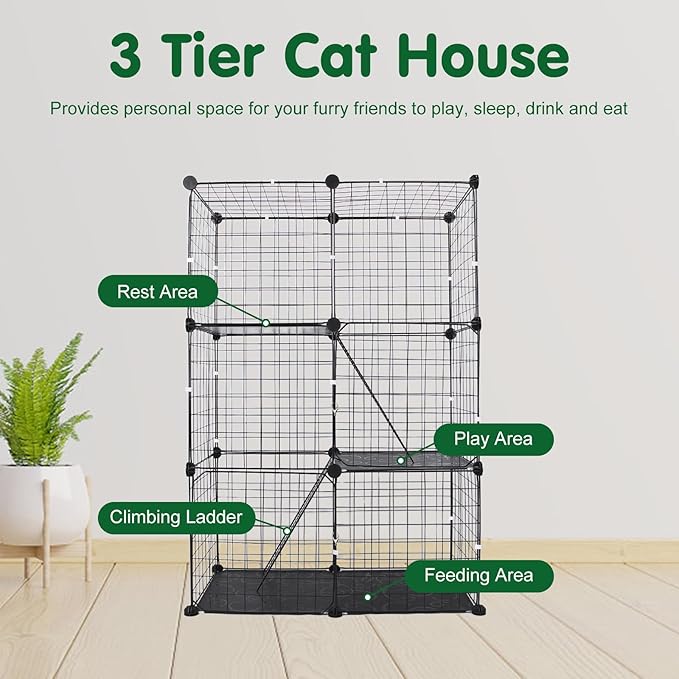 3 Tier Cat Cage, Indoor Cat Enclosures, DIY Cat Playpen Detachable Metal Wire Kennels Kitten Crate Cats House with 3 Doors 2 Ladders Large Exercise Place for 1-3 Cats/Kitten, 28"x14"x42"