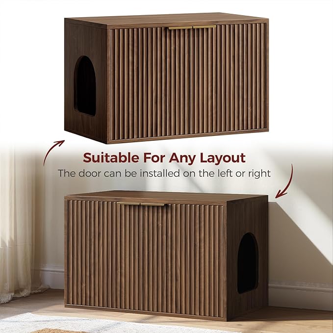 Evermagin 31.5" Walnut Cat Litter Box Enclosure Furniture, Large Hidden Litter Box Cabinet, Mid Century Modern Indoor Cat House Kitty End Table for Living Room, Entryway, Bedroom