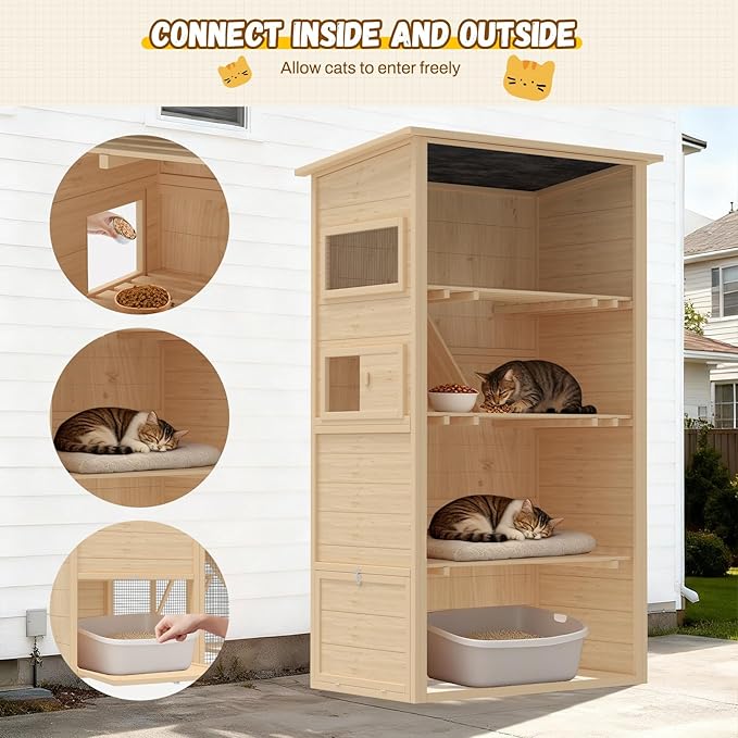 Large 4-Tier Outdoor Cat Enclosure Walk-in Catio with Weatherproof Solid Wood House, Connect to Window, 4 Platforms, 4 Private Resting Rooms & Bridge, for Multiple Cats (Natural)