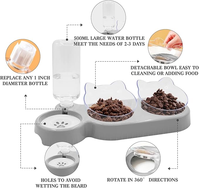 Triple Cat Bowls - 3-in-1 Water Feeder & Food Bowls with Automatic Water Bottle, Whisker Friendly, Elevated Feeding Dishes for Small Cats & Puppies (Lead White)