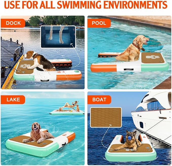 FBSPORT Inflatable Dog Boat Ramp Floating Dock Water Ladder for Pool, Boat, Non-Slip EVA Floating Ladder Pool Ramp for Dog Up to 220 LBs, Safe & Easy Access
