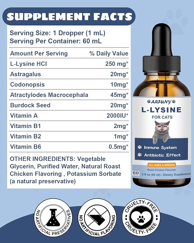 L-Lysine Supplement for Cats - Immune Support - 60ML Lysine for Feline Respiratory, Sneezing, Runny Nose, Eye Function - Natural Cat Antibiotic Drops - Roast Chicken Flavor