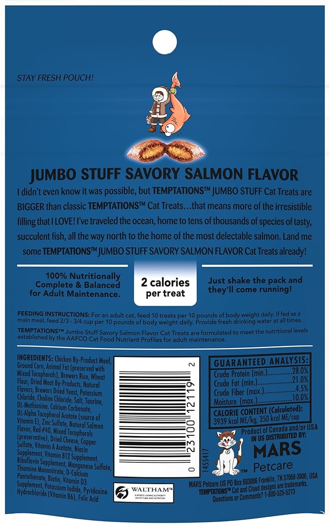 Temptations Jumbo Stuffed Cat Treats, Crunchy and Soft Cat Treats, Savory Salmon Flavor, 2.5 oz. Pouch (Pack of 12)