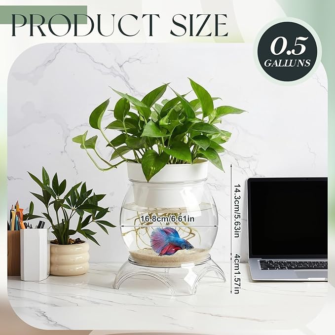 Geelin 0.5 Gallon Plastic Aquaponic Betta Fish Tank Aquaponic with Base and Top, Small Bowl Shatterproof Ecosystem Aquarium with Clear Clarity for Terrarium, Flower Vase Betta Fish Centerpiece Gifts