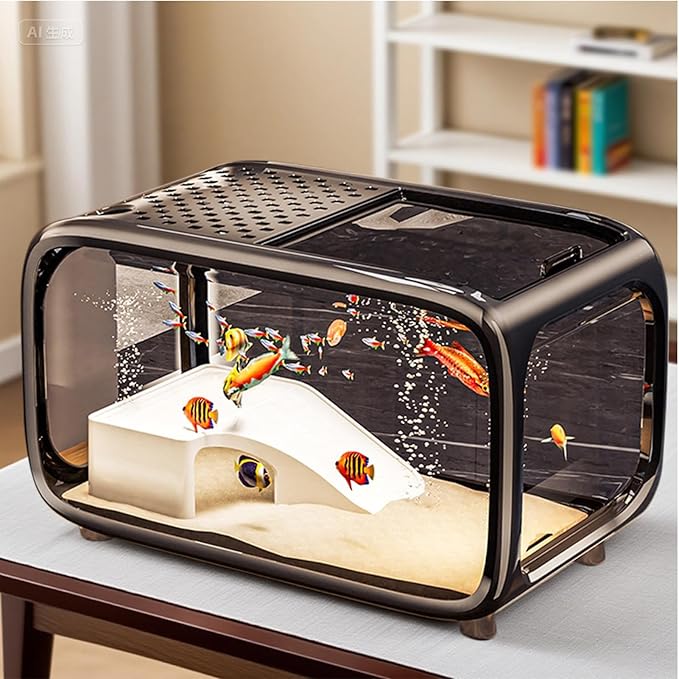 Small Aquarium | Desktop Fish Bowl Turtle Tank with Climbing Decor,Clear Living Habitat Landscape Decor with Top Feeding Hole for Aquatic Animals Shrimp Snails Aquatic Planting Betta