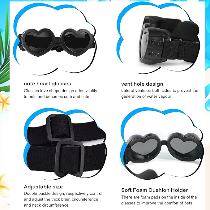 Small Breed Dog Sunglasses, UV Protection with Adjustable Strap, Heart-Shaped Goggles for Waterproof, Windproof, Anti-Fog Eye Protection, Beach Accessories (Black)
