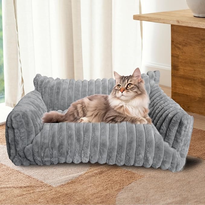 Cat Couch for Pets - Cute Cat Beds for Indoor Cats with Removable Cover, Washable Soft Corduroy Plush, Fluffy Supportive Pet Sofa Chair for Cats, 24 inch Grey