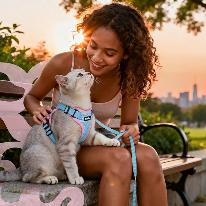 rabbitgoo Cat Harness and Leash for Walking, Escape Proof Soft Adjustable Vest Harnesses for Cats, Easy Control Breathable Reflective Strips Jacket, Light Blue&Pink, S