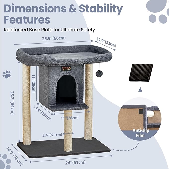 Cat Tree Tower Scratching Post for Indoor Large Cats, Small Cat Tree with Big Perch Bed, 28in Tall Trees House with Condo Cave, Toy Balls, Modern Climbing Furniture Platform for Kitten (Dark Gray)