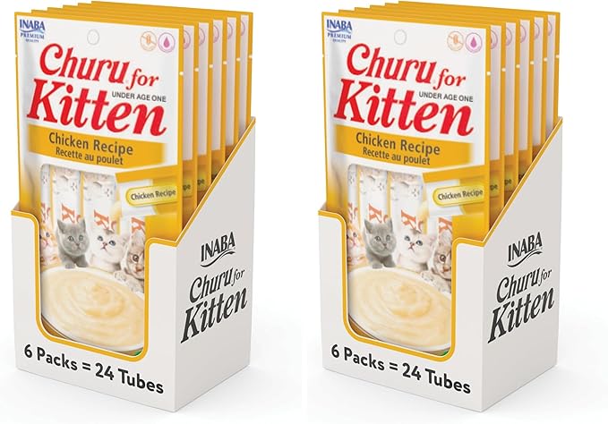 INABA Churu for Kittens,Grain-Free Creamy,Purée Lickable Cat Treats with DHA,EPA,Vitamin E & Taurine,0.5 Ounces Each, Tubes (4 per Package),Chicken Recipe,(Pack of 48)