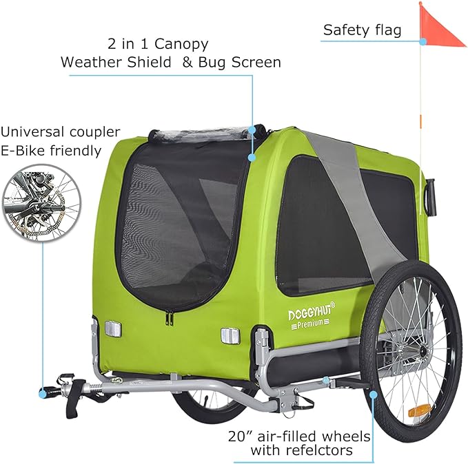 DOGGYHUT® Premium Large/XL Pet Bike Trailer & Stroller for Large Sized Dog or Multiple Small Dogs,Low Center of Gravity,Parking Brakes,Easy Folding Frame,Bicycle Carrier