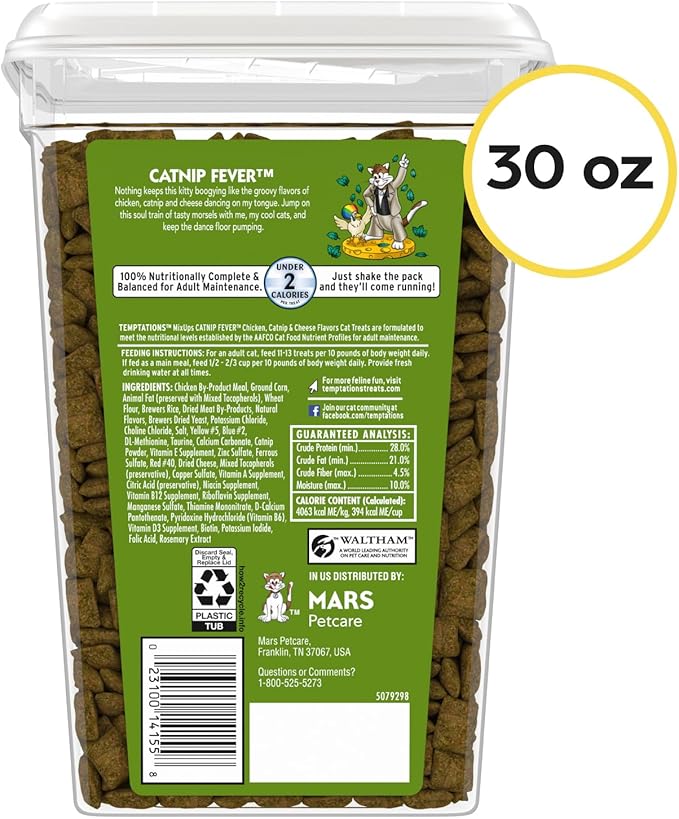 Temptations Cat Treats, Classic Crunchy and Soft Cat Treats, Catnip Fever Flavor, Catnip Treats, 30 oz. Tub
