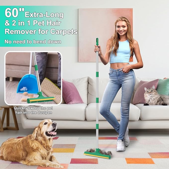 3 in 1 Carpet Rake for Pet Hair Removal, Reusable Pet Hair Remover Broom, 60'' Adjustable Long Handle Dog and Cat Hair Remover Tool Set of 3, Lint Remover Scraper for Carpets (Dark Green, 60inch)